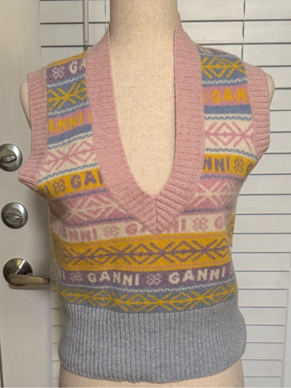Ganni Pink, Yellow & Lavender Fair Isle V-Neck Sweater Vest
